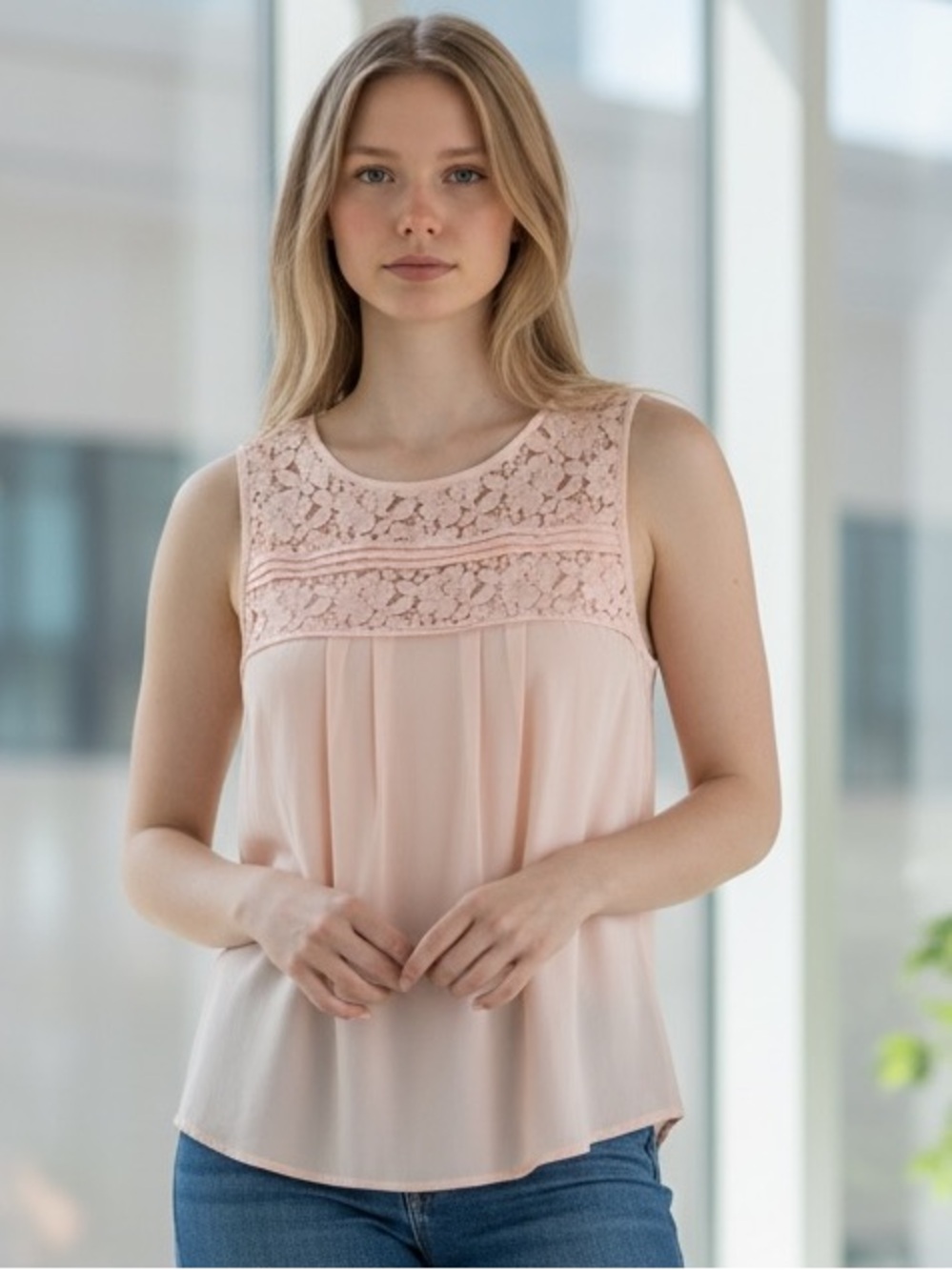 LOFT Petite XXSP Peach Lace Yoke Sleeveless Blouse Flowy Tank Top
